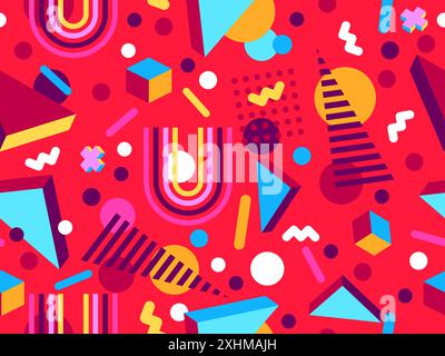 Geometric seamless pattern in 80s style. Colorful geometric pattern with isometric geometric 3D shapes. Design of promotional products, wrapping paper Stock Vector