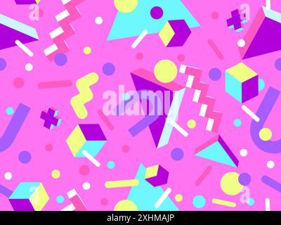 Geometric seamless pattern in 80s style. Colorful geometric pattern with isometric geometric 3D shapes. Design of promotional products, wrapping paper Stock Vector