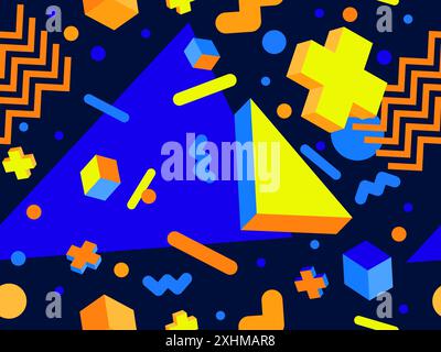Geometric seamless pattern in 80s style. Colorful geometric pattern with isometric geometric 3D shapes. Design of promotional products, wrapping paper Stock Vector