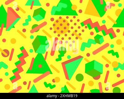 Geometric seamless pattern in 80s style. Colorful geometric pattern with isometric geometric 3D shapes. Design of promotional products, wrapping paper Stock Vector