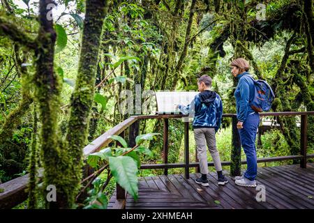 Cute boy with mother looking at hiking signage in a forest, Thailand Stock Photo