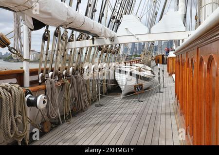 Top deck of the Cutty Sark, the famous sailing ship at Geenwich, London, UK. Shows ropes, rigging, masts and life boats. Stock Photo