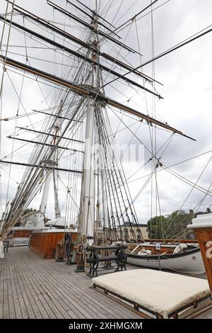 Top deck of the Cutty Sark, the famous sailing ship at Geenwich, London, UK. Shows ropes, rigging, masts and life boats. Stock Photo