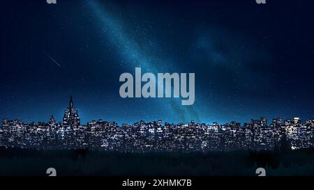 Cityscape, city buildings at night. City ​​skyline at nighttime. Night shining starry sky. Dark blue cityscape background with stars, nebula, meteor. Stock Vector