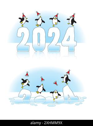 Four Penguins wearing Santa Hats Dancing on Slippery 2024 Ice Sculptures Melting through the Arctic Icecap due to Global Warming Stock Vector