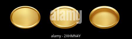 Gold ellipse button with frame vector illustration set. 3d golden glossy elegant oval design for empty emblem, medal or badge, shiny and gradient Stock Vector