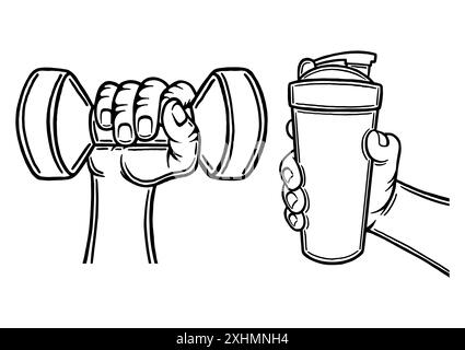 Man holding a dumbbell and protein shaker. Male hand gestures. Outline silhouette. Design element. Vector illustration isolated on white background. T Stock Vector