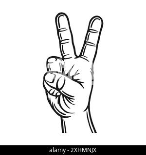 Peace sign. Male hand gestures. Outline silhouette. Design element. Vector illustration isolated on white background. Template for books, stickers, po Stock Vector