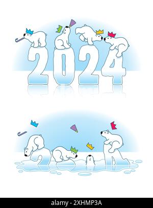 Four Partying Polar Bears wearing paper Hats Balancing on Slippery 2024 Ice Sculptures Melting through the Arctic Icecap due to Global Warming Stock Vector