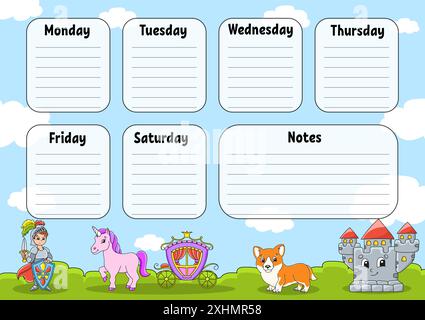 School timetable. For the education of children. Isolated on a white background. Fairytale theme. With a cute cartoon character. Stock Vector