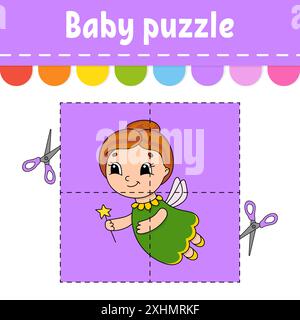 Baby puzzle. Easy level. Flash cards. Cut and play. Color activity worksheet. Game for children. cartoon character. Stock Vector