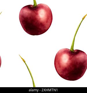 Seamless pattern with sweet ripe cherry. Hand painting red macro watercolor illustration isolated on background. For designers, menu, shop, decoration Stock Photo