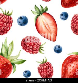 Seamless pattern with strawberry, raspberry and blueberry. Hand painting sweet watercolor illustration isolated on background. For designers, menu, sh Stock Photo