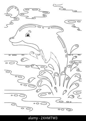 A cute dolphin jumps out of the water. Coloring book page for kids. Cartoon style character. Vector illustration isolated on white background. Stock Vector