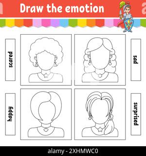Draw the emotion. Worksheet complete the face. Coloring book for kids. Cheerful character. Vector illustration. Black contour silhouette. Isolated on Stock Vector