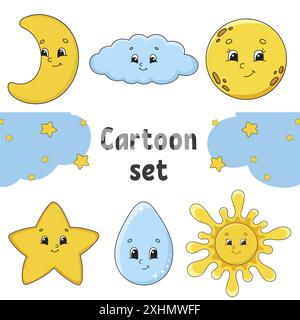 Set of stickers with cute cartoon characters. Hand drawn. Colorful pack. Vector illustration. Patch badges collection for kids. For daily planner, org Stock Vector