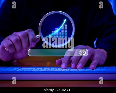 AI searching tools technology, assistant and customized concept, AI search engine bar showing while digital growth graph appear in magnifying glass le Stock Photo