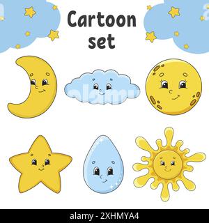 Set of stickers with cute cartoon characters. Hand drawn. Colorful pack. Vector illustration. Patch badges collection for kids. For daily planner, org Stock Vector