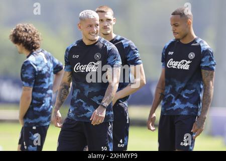 Napoli's Italian defender Pasquale Mazzocchi and Napoli's Brazilian defender Natan during SSC Napoli's 2024-25 preseason training camp in val di sole in Trentino, Dimaro Folgarida&#xA;&#xA; Stock Photo