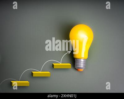 Business growth, creative idea, inspiration and thinking concept. Arrow jumping up on stairway blocks to big yellow light bulb on grey background, min Stock Photo