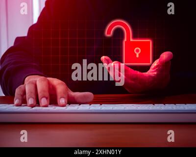 Cyberattack, cybercrime and internet crime, scam, hacking concepts. Unsecure, Unlocked padlock icon, in anonymous hackers hands on red square digital Stock Photo