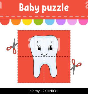 Baby puzzle. Easy level. Flash cards. Cut and play. Color activity worksheet. Game for children. cartoon character. Stock Vector