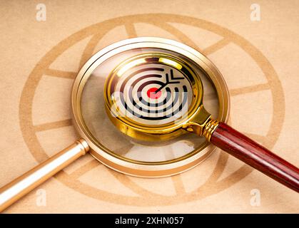 Worldwide web browser, digital data online global searching, seo and marketing concepts. Target icon in small magnifier lens stacked on big magnifying Stock Photo