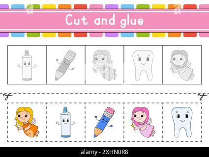 Cut and play. Paper game with glue. Flash cards. Education worksheet. Activity page. Scissors practice. Isolated vector illustration. cartoon style. Stock Vector