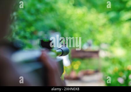 Hunting rifle close-up on blurred background of nature. Rifle sight. Hunting, sports, weapons Stock Photo