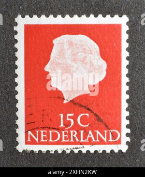 Cancelled postage stamp printed by Netherlands, that shows portrait of Queen Juliana, circa 1972. Stock Photo