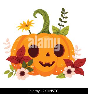 Cute halloween pumpkin in cartoon style with flowers. Stock Vector
