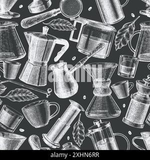 Alternative Coffee Makers Seamless Pattern. Vector Hand Drawn Specialty Coffee Equipment Background. Vintage Style Coffee Bar Chalk Board Illustration Stock Vector