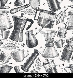 Alternative Coffee Makers Seamless Pattern. Vector Hand Drawn Specialty Coffee Equipment Background. Vintage Style Coffee Bar Design Stock Vector