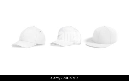 Blank white baseball and trucker hat mockup, half-turned view, 3d rendering. Empty denim sporty headwear with visor mock up, isolated. Clear casual un Stock Photo