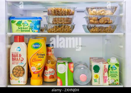 Dieren, The Netherlands - July 1, 2024: Open Dutch refrigerator with fresh groceries like vegan meat, vegetables, drinks, and sauces in Dieren, The Ne Stock Photo