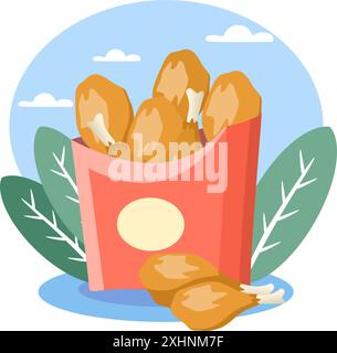 Crispy fried chicken legs overflowing from cardboard bucket Stock Vector