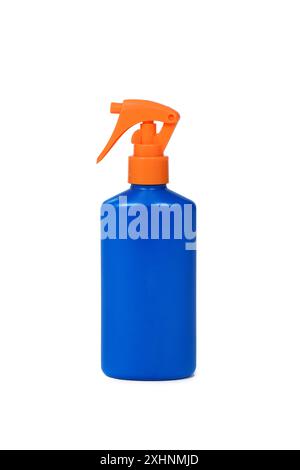 closeup of a blue bottle of sunscreen with an orange spray nozzle placed on a white background Stock Photo