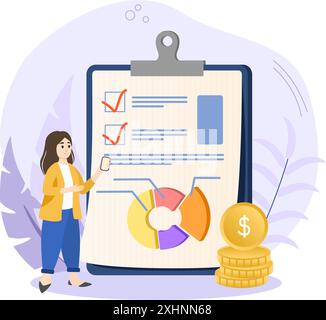 Businesswoman managing financial report with checklist and pie chart on clipboard for successful investment strategy Stock Vector