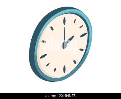 Isometric cartoon style wall clock with blue frame and white clock face. Rounded classic time measurement instrument. Vector illustration isolated on Stock Vector