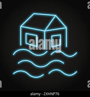 Flooding neon line icon. Global warming concept, drowning house. Vector illustration. Stock Vector