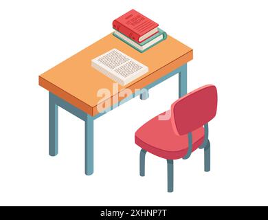 Student wooden desk with red chair. Books on table, isometric style furniture for studying. Vector illustration isolated on white background. Stock Vector