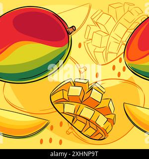 Seamless pattern of hand drawn fresh green mango fruit. Whole and halved tropical fruit in doodle style. Vector illustration. Stock Vector