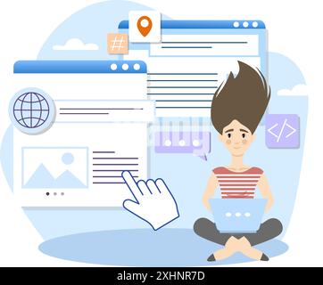 Web developer working with laptop and programming code on internet website Stock Vector