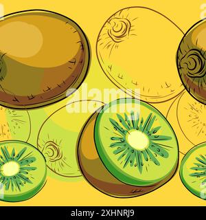 Seamless pattern of hand drawn fresh green kiwi. Whole and halved tropical fruit in doodle style. Vector illustration. Stock Vector