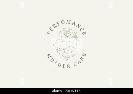 Flower mother hug baby daughter circle continuous line logo design template vector illustration. Blossom woman and kid child logotype for family mater Stock Vector