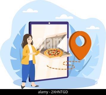 Woman ordering pizza online using mobile app with geolocation tracking on smartphone Stock Vector