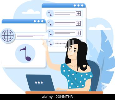 Young woman choosing song on streaming platform using laptop at home office Stock Vector