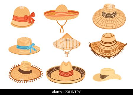 Set of straw hats from different cultures vector illustration isolated on white background. Stock Vector