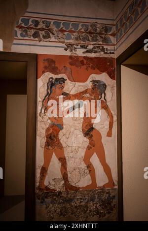 The boxing boys fresco, one of many well preserved frescoes from the island of Thera, present day Santorini, Minoan painting from the Bronze Age, 1700 Stock Photo