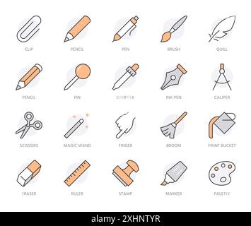 Drawing tools line icons set. Pen, pencil, paintbrush, dropper, stamp, smudge, paint bucket minimal vector illustrations. Simple outline signs for web Stock Vector